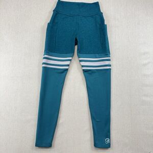Bombshell Sportswear Teal Leggings Size S High Waist Moto Mesh Stripe Pocket